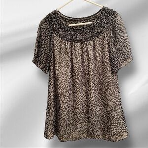 Coldwater Creek Animal Print Blouse Womens 8 Black & White Sheer Neckline